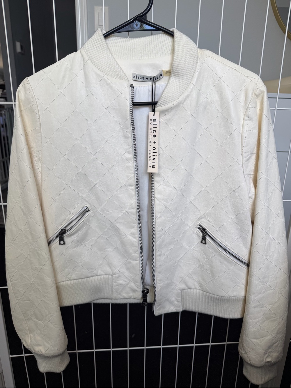 Alice + Olivia Leather Quilted Bomber Jacket